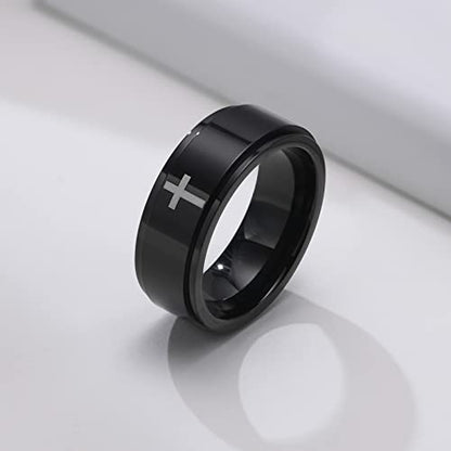 6mm/8mm Titanium Steel Black/Silver/Gold Fidget Ring Engraved Small Cross Stainless Steel Spinner Rings Stress Relieving Anxiety Ring Engagement Wedding Promise Band for Women Men Size 5-15 - color: 8mm Black