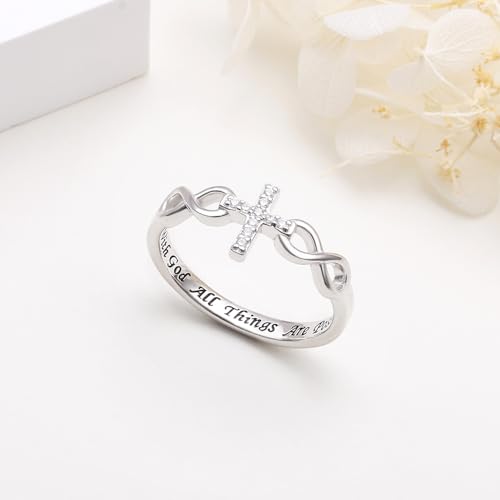 Alphm S925 Sterling Silver Christian Cross Infinity Inspirational Faith Bible Verse Ring for Women Teen Jewelry - size: 6