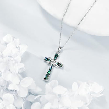 Infinity Cross Necklace S925 Sterling Silver Turquoise/Wooden/Opal/Abalone Cross Pendant Necklaces Christian Jewelry Gifts For Women - style: Abalone Cross