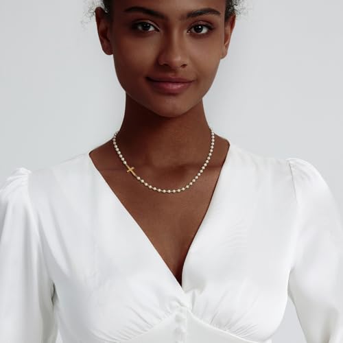 Zeffy Cross Necklace for Women,18K Gold/Silver Plated Tiny Cubic Zirconia Cross Pendant Necklace for Women Simple Layered Cross Necklaces for Women - color: Gold Cross Pearl
