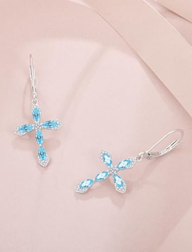 Birthstone Cross Earrings for Women 925 Sterling Silver - color: 03 March - Aquamarine