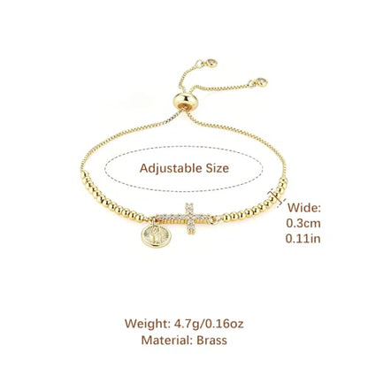 HZMAN 14K Gold Plated Cross Bracelet for Women, Brass Adjustable Bolo Bracelet with CZ, Religious Saint Benedict/Virgin Mary/Jude Pendant Jewelry Gift - color: Saint Jude