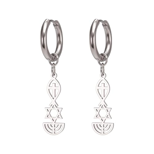Messianic Seal Dangle Earrings Messianic Seal of Jerusalem Earrings Star of David,Ichthus with Cross,Menorah,Jewish Star Earrings Religious Hanukkah Jewelry Token of Prayer - color: silver2
