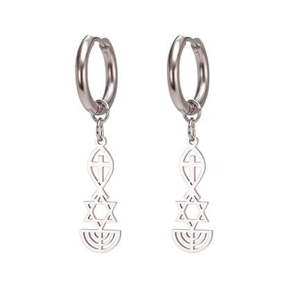 Messianic Seal Dangle Earrings Messianic Seal of Jerusalem Earrings Star of David,Ichthus with Cross,Menorah,Jewish Star Earrings Religious Hanukkah Jewelry Token of Prayer - color: silver2