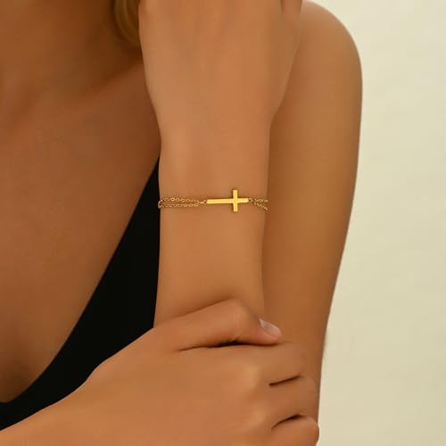 18K Gold Plated Pearl Beaded Cross Bracelets for Women Adjustable - color: Double O Cross-Gold