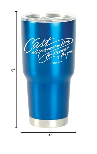 Dicksons SSTUM30BL-24 Cast All Your Cares - 1 Peter 5:7-8 Inch - 30 Ounce Blue Stainless Steel and Plastic Insulated Travel Mug with Lid