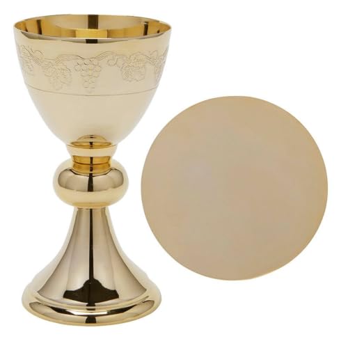 Church Gold Plated Brass Chalice & Paten, 12 Ounce, Etched Grape Vines - color: Etched Grape Vines