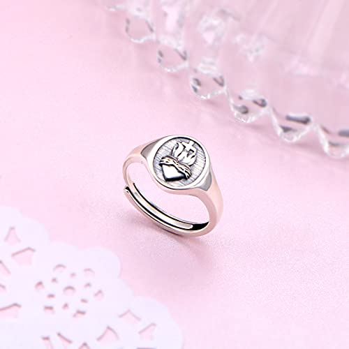 FLYOW S925 Sterling Silver Flaming Sacred Heart Rings Catholic Faith Charm Women Signet Ring Adjustable Love of God Thorn Jewelry Easter Gifts