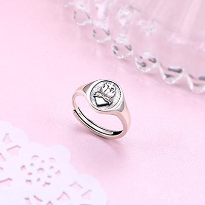 FLYOW S925 Sterling Silver Flaming Sacred Heart Rings Catholic Faith Charm Women Signet Ring Adjustable Love of God Thorn Jewelry Easter Gifts