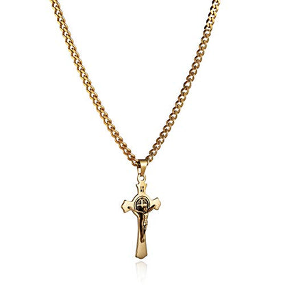 HZMAN Stainless Steel St. Benedict Crucifix Cross Necklace for Men - color: Standard Gold