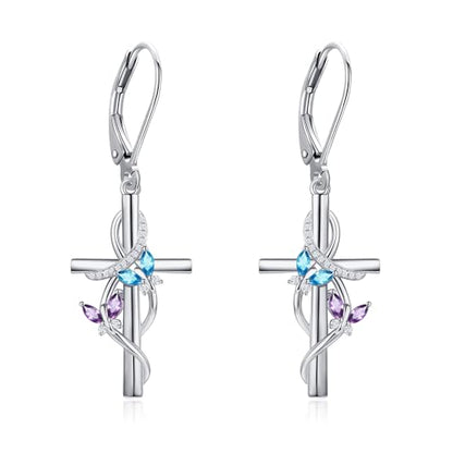 Flower Cross Earrings 925 Sterling Silver Daisy Butterfly Lily Violet Mushroom Dangle Drop Earrings Birth Flower Jewelry for Women Birthday Christmas Gifts - style: Butterfly Cross