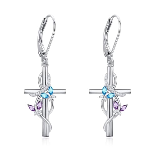 Flower Cross Earrings 925 Sterling Silver Daisy Butterfly Lily Violet Mushroom Dangle Drop Earrings Birth Flower Jewelry for Women Birthday Christmas Gifts - style: Butterfly Cross