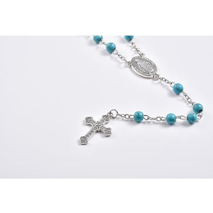 Catholic 6mm Round Natural Turquoise Bead Handmade Alloy Christian Vintage Cross Ornament Rosary Necklace