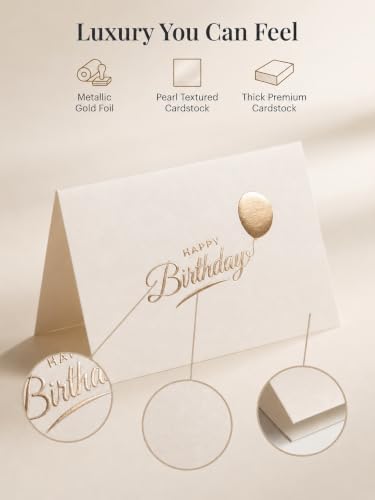 Happy Birthday Cards with Envelopes and Stickers, 24 Pack, Cream Greeting Cards with Gold Foil Balloon Design, Elegant Birthday Card Set for Friends, Family, Clients (Cream) - color: Cream