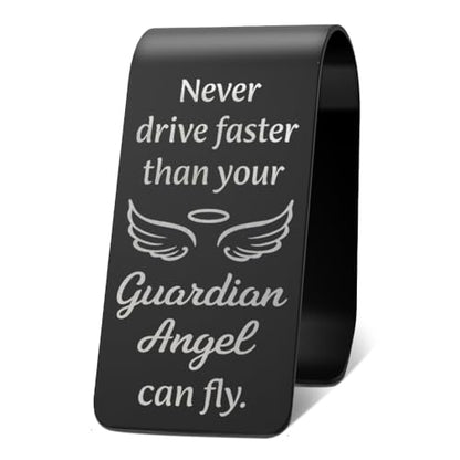 Never Drive Faster Than Your Guradian Angel Visor Clip for Cars - color: black