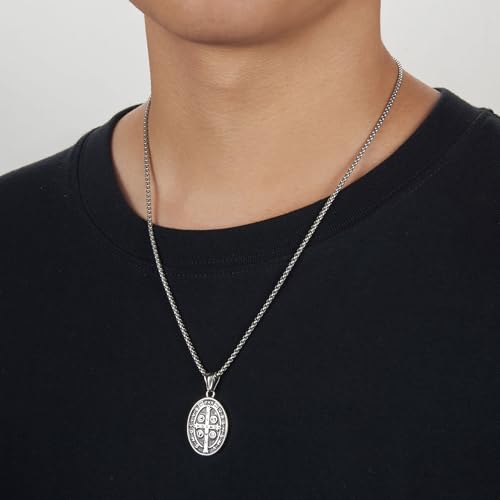 St Benedict Exorcism Medal Necklace for Men Catholic Cross Pendant - color: Silver-2