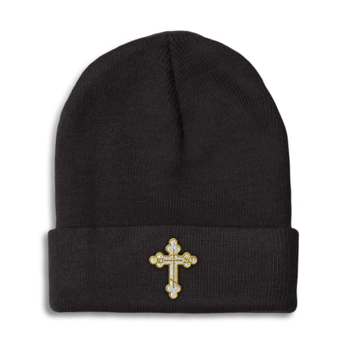 Custom Beanies for Men Gold Outline Orthodox Cross Faith Jesus God Skull Cap Winter Hats Women One Size - color: Black Design Only