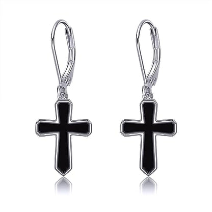 Cross Earrings 925 Sterling Silver Dangle Earring Gifts for Women - style: Black Onyx Cross