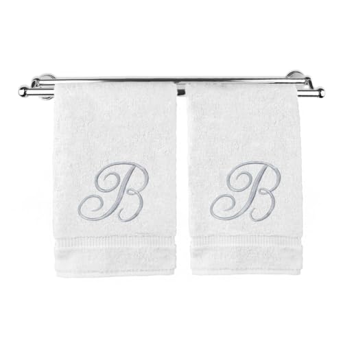 Pretty Monogrammed White Turkish Cotton Bath Hand Towel Set of 2 with Embroidered Silver Script B | 16"x 30" Soft Terry Finish Extra Absorbent Quick Dry Plush Luxury Bathroom Kitchen Spa Bath Towel