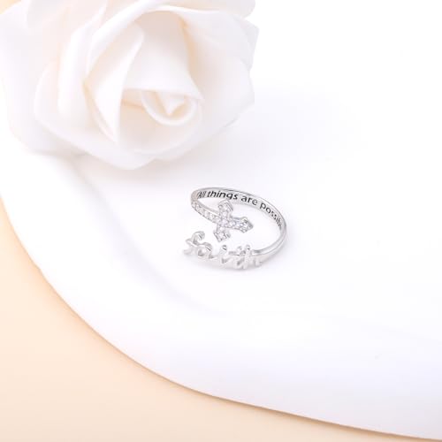 Helonley Cross Faith Ring for Women - 925 Sterling Silver Inspiration Rings - style: All Things Are Possible