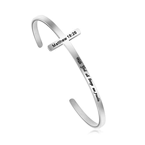 Memgift 𝐂𝐫𝐨𝐬𝐬 𝐁𝐫𝐚𝐜𝐞𝐥𝐞𝐭 Religious Cuff Bangle 𝐁𝐢𝐛𝐥𝐞 𝐕𝐞𝐫𝐬𝐞 Christian Gifts Jewelry for 𝐖𝐨𝐦𝐞𝐧 - style: Silver cuff-With God all things are possible -Matthew 19:26