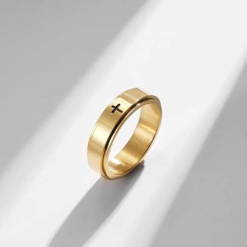 8MM Stainless Steel Cross Christian Ring Classic Plain Spinner Wedding Band for Men Women - color: 6mm - Gold