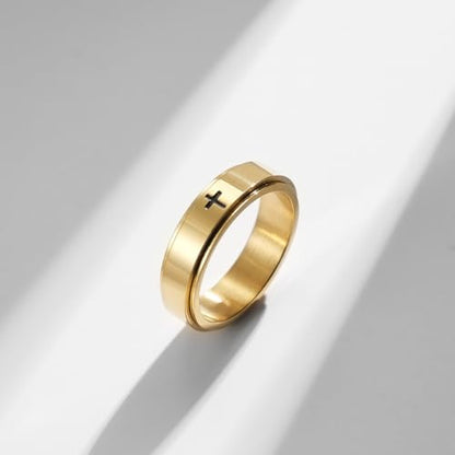 8MM Stainless Steel Cross Christian Ring Classic Plain Spinner Wedding Band for Men Women - color: 6mm - Gold