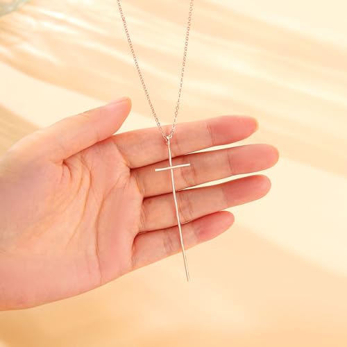 14K Gold Plated Long Hammered Cross Necklace for Women Religious Faith Jewelry Christian Gift - color: Rose Gold Plated, size: 45cm