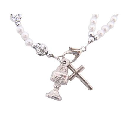 Wowser First Communion Double Strand Imitation Pearl Rosary Bracelet with Prayer Card, Set of 3, Sacramental Accessory, Religious Gift