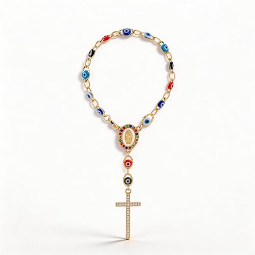 Evil Eye Steering Wheel Rosary Charm Accessory, Virgin Mary Cross Pendant, Steering Wheel Chain, Rearview Mirror Hanging Ornament, Car Rosary for Automotive Protection Charm Decor (Eye) - color: Eye