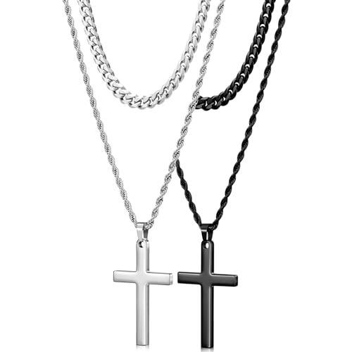 Romass 4Pcs Cross Necklace for Men Teen Boys,Stainless Steel Chains for Men Layered Necklaces Silver Gold Black Pendant Jewelry Box Gifts 18-24 Inches - size: Chain-20in/Necklace-22in, style: 4Pcs 1.7"* 1.4"pendant-Silver+Black