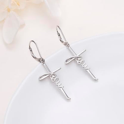 925 Sterling Silver Infinity Love of God Simple Dainty Faith Cross Dangle Earrings Religious Gift for Women - color: Jesus