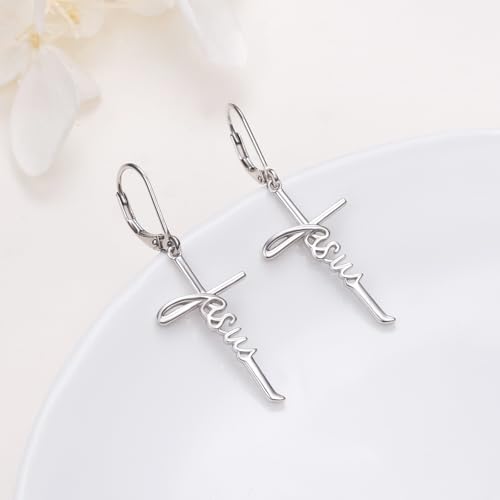 925 Sterling Silver Infinity Love of God Simple Dainty Faith Cross Dangle Earrings Religious Gift for Women - color: Jesus
