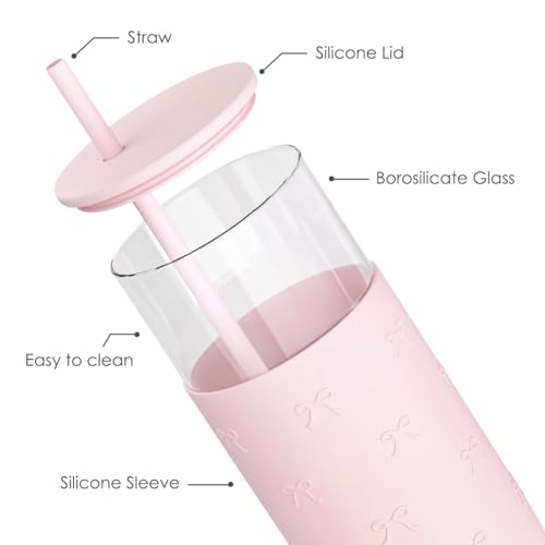SANDJEST Glass Tumbler with Straw and Lid, Bow Glass Water Bottle with Silicone Sleeve 20oz, Smoothie, Iced Coffee Cup, Gifts for Women Teen Girls Birthday Christmas - color: Bow 1