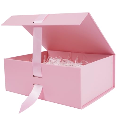 Aimyoo Large Pink Gift Box with Ribbon, 11.5x8.6x4.1 inch Groomsman Proposal Box for Presents with Magnetic Closure Lids, Rectangle Collapsible Luxury Box for Wedding, Christmas, Halloween, Birthday - color: Pink 11.5x8.6x4.1 inch-1Pack