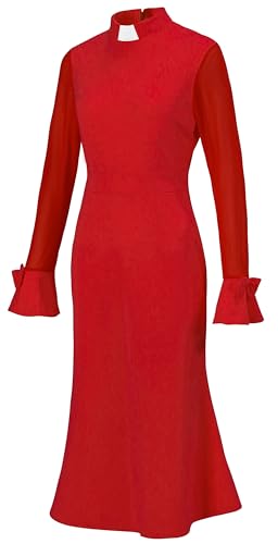 Trumpet Long Sleeve Mesh Church Dress Clergy Tab Insert Collar Priestess Dress - color: Red, size: Medium