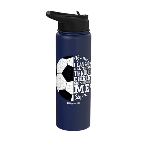 Christian Soccer Faith Graphic Bible Verse Philippians 4:13 Stainless Steel Insulated Water Bottle - color: Navy Blue