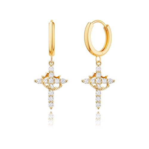Robaice 14K Gold Plated Crown Cross Huggie Hoop Earrings for Women - color: Gold