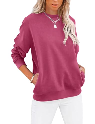 TICTICMIMI Women's Casual Crewneck Sweatshirts Cute Loose Fit with Pockets - color: C- Hot Pink, size: Medium