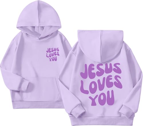 Christian Jesus Loves You Hoodie For Teen Girls Cute Graphic Hoodies Kids Bible Verse Faith Sweatshirt God Pullover - color: Light Purple, size: 12-13 Years