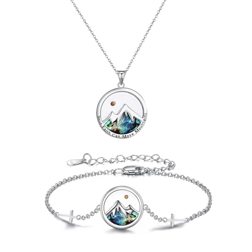 OIDEA Mustard Seed Necklace Jewelry Set: Womens Abalone Mustard Seed Necklace Bracelet Earrings Mountain Cross Bracelet Round Dangle Earrings Religious Christian Faith Jewelry Gifts - color: Mustard Seed-a