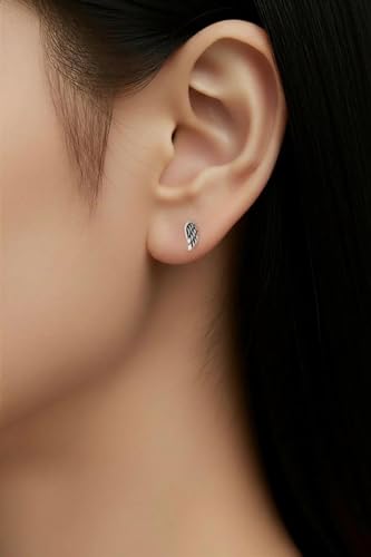ICYROSE 925 Sterling Silver Tiny Angel Wing Stud Earrings (Nickel Free) - color: Antique Finish
