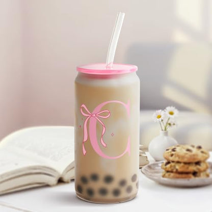 SANDJEST Monogrammed Glass Drinking Can Cup with Acrylic Lid and Straw, Personalized Frosted Iced Coffee Tumbler 16oz, Monogram Initial Gifts for Women Girls on Birthday (C) - color: C