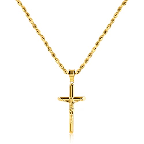 ALEXCRAFT Sterling Silver Plated Cross Necklace for Men Gold Plated Cross Necklaces for Women Trendy Stainless Steel Crucifix Pendant with 3mm 21inch Rope Chain - color: Gold-19.6in