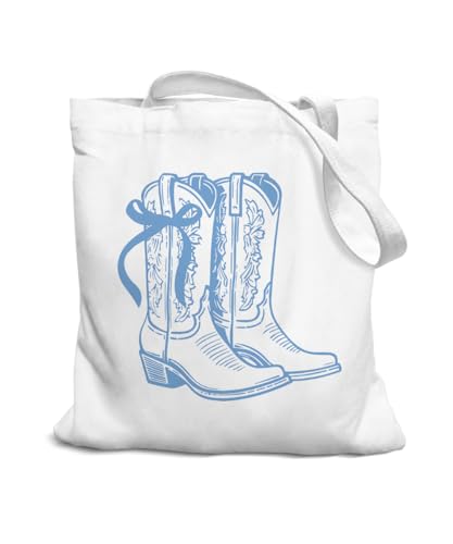 Coquette Bow Bible Canvas Tote Bag for Women Teens Teen Girls, Pink Bow Girls Tote Bag, Coquette Gifts - color: Blue Cowgirl Boots