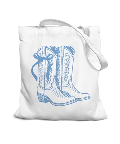 Coquette Bow Bible Canvas Tote Bag for Women Teens Teen Girls, Pink Bow Girls Tote Bag, Coquette Gifts - color: Blue Cowgirl Boots