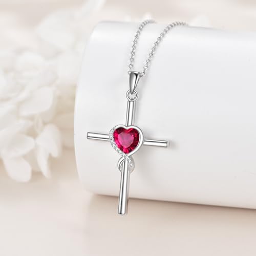 S925 Sterling Silver Cross Necklace for Women Birthstone Necklace Heart Infinity Cross Pendant Necklace Christmas Valentines Day Gifts Birthday Holiday Gifts for Her, 18"+2" Inches - color: 07-Jul Birthstone - Ruby