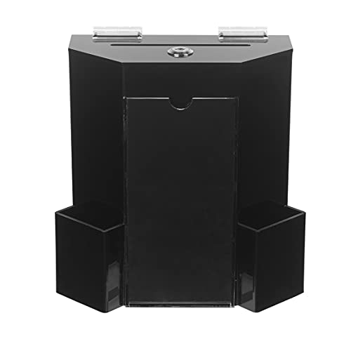 MCB Donation Collection Office Suggestion Acrylic Ballot Box 9 x 8 inch with Display area of 8 x 3.75 inch comes with 2 business card size pockets and lock with set of keys (Black) - color: Black