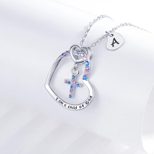 Cross Necklace for Girls | I am a child of God Necklace for Girls | Heart Letter initial | 18K White Gold Plated Pendant Jewelry First Communion Baptism Gifts Christmas Birthday Gifts for Girl Women - color: A