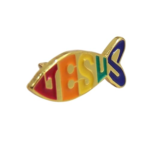 Rainbow Jesus Fish Lapel Pin, Gold Tone Christian Ichthys Brooch, Religious Faith Pin for Jacket, Hat or Backpack